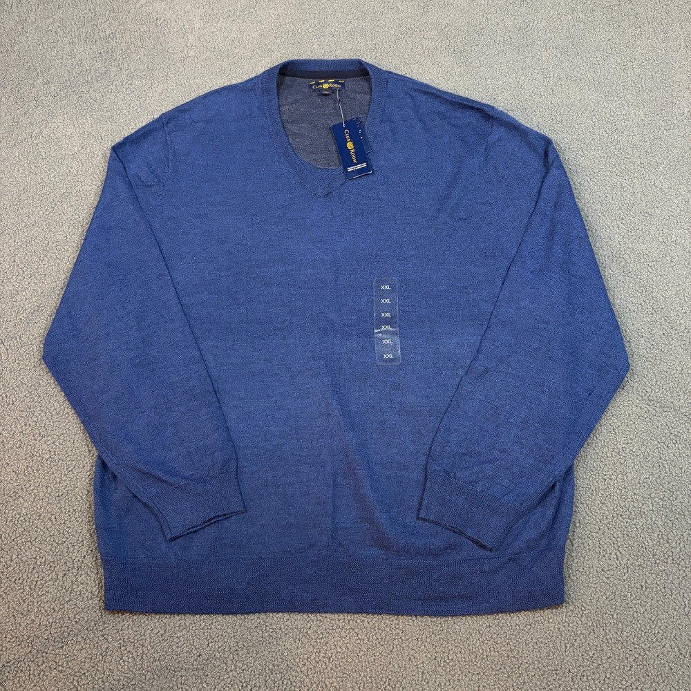 Club Room Sweater Mens XXL Blue Crew Blue Htr V-Neck Estate Merino Wool Blend